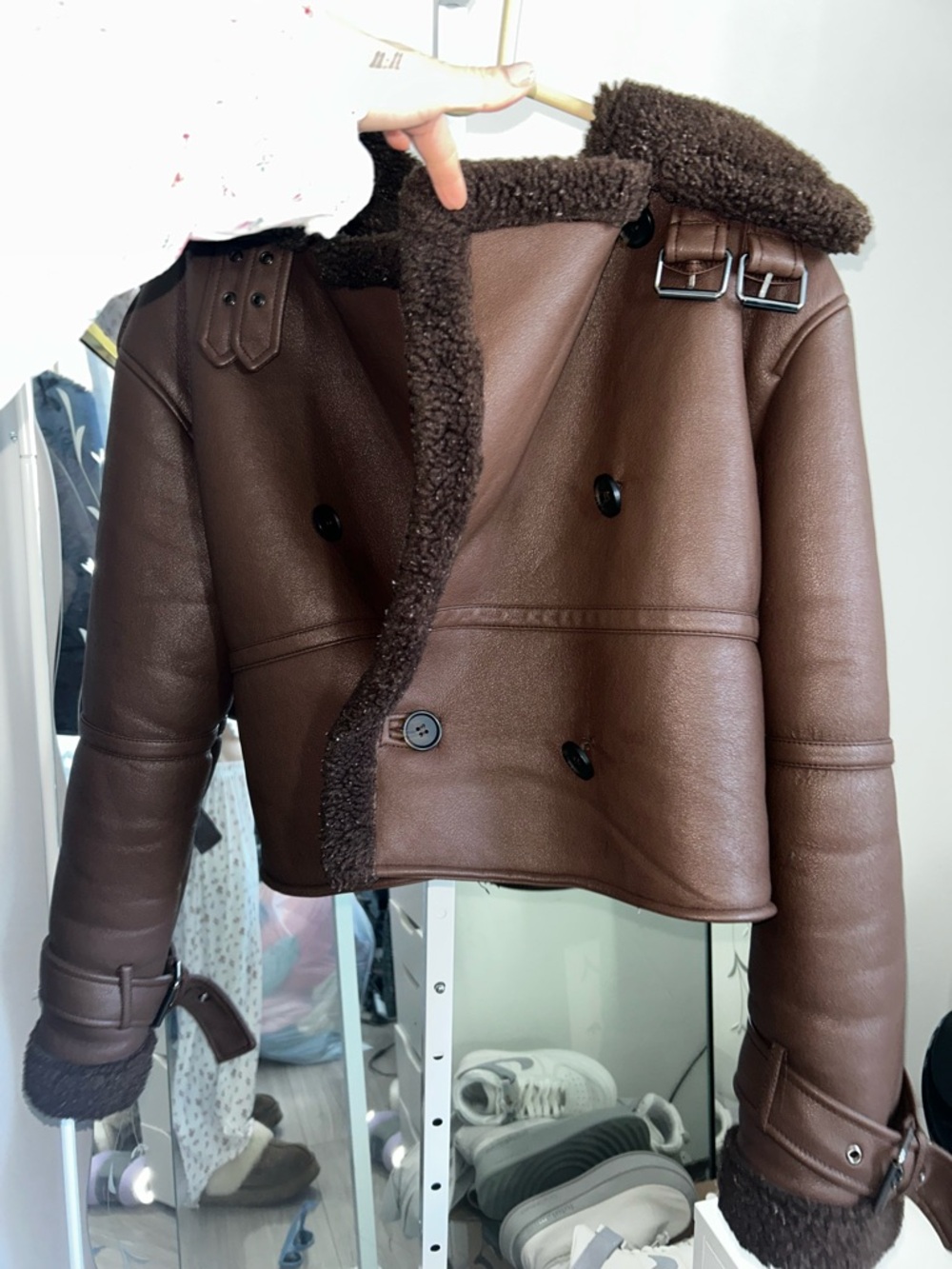Topshop Cropped Brown Faux Shearling Aviator Jacket - Picture 2 of 6